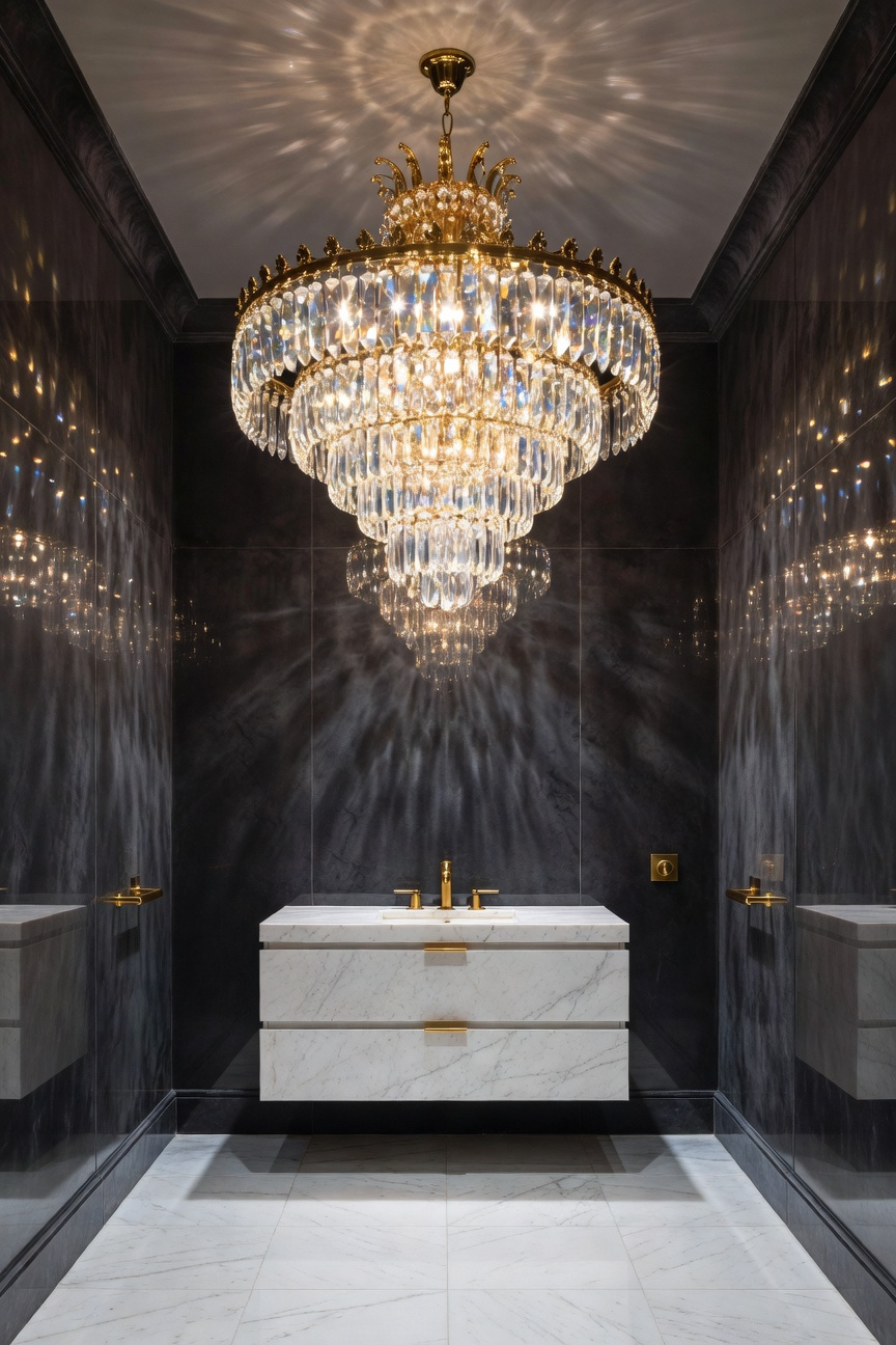 A small luxury bathroom with a large oversized crystal chandelier hanging as a statement piece over a white marble vanity.