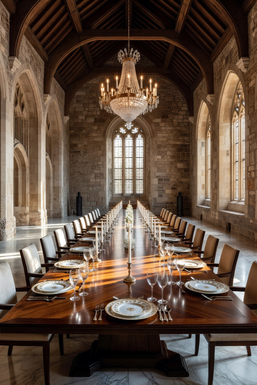 A massive rectangular banquet dining room table in a grand hall with vaulted ceilings and theatrical lighting.