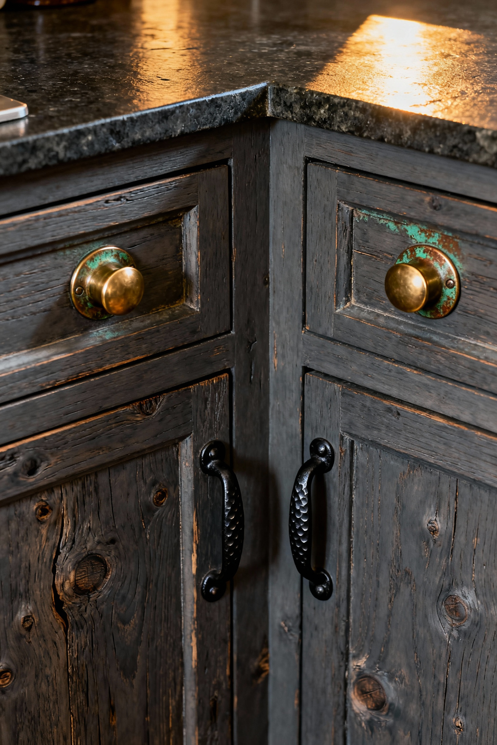 Rustic kitchen cabinets made of weathered slate gray wood featuring substantial unlacquered brass cup pulls and hand-forged iron hardware showing deep, natural patina under warm directional light.