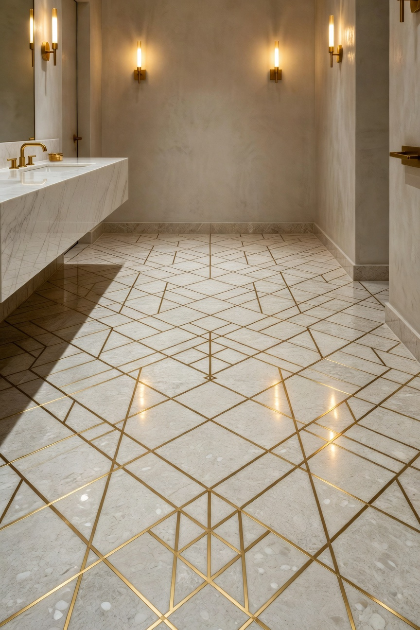 A luxurious powder room featuring polished terrazzo flooring with intricate geometric brass inlays and a modern marble vanity.