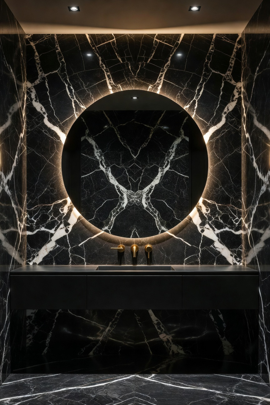 A luxurious powder room featuring bookmatched Nero Marquina marble walls with symmetrical white veining and gold accents.