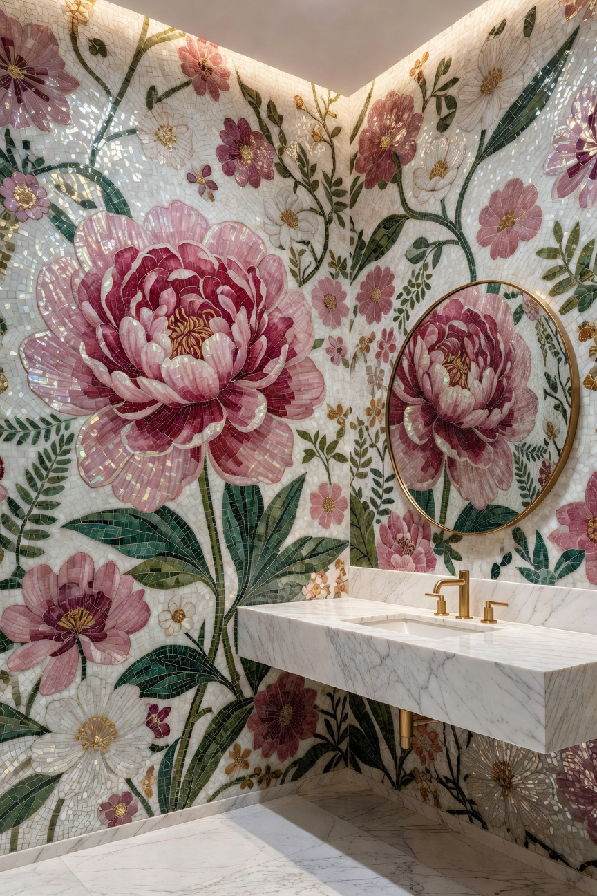 A luxurious powder room featuring maximalist oversized botanical mosaic tiles with a massive pink peony bloom and gold fixtures.
