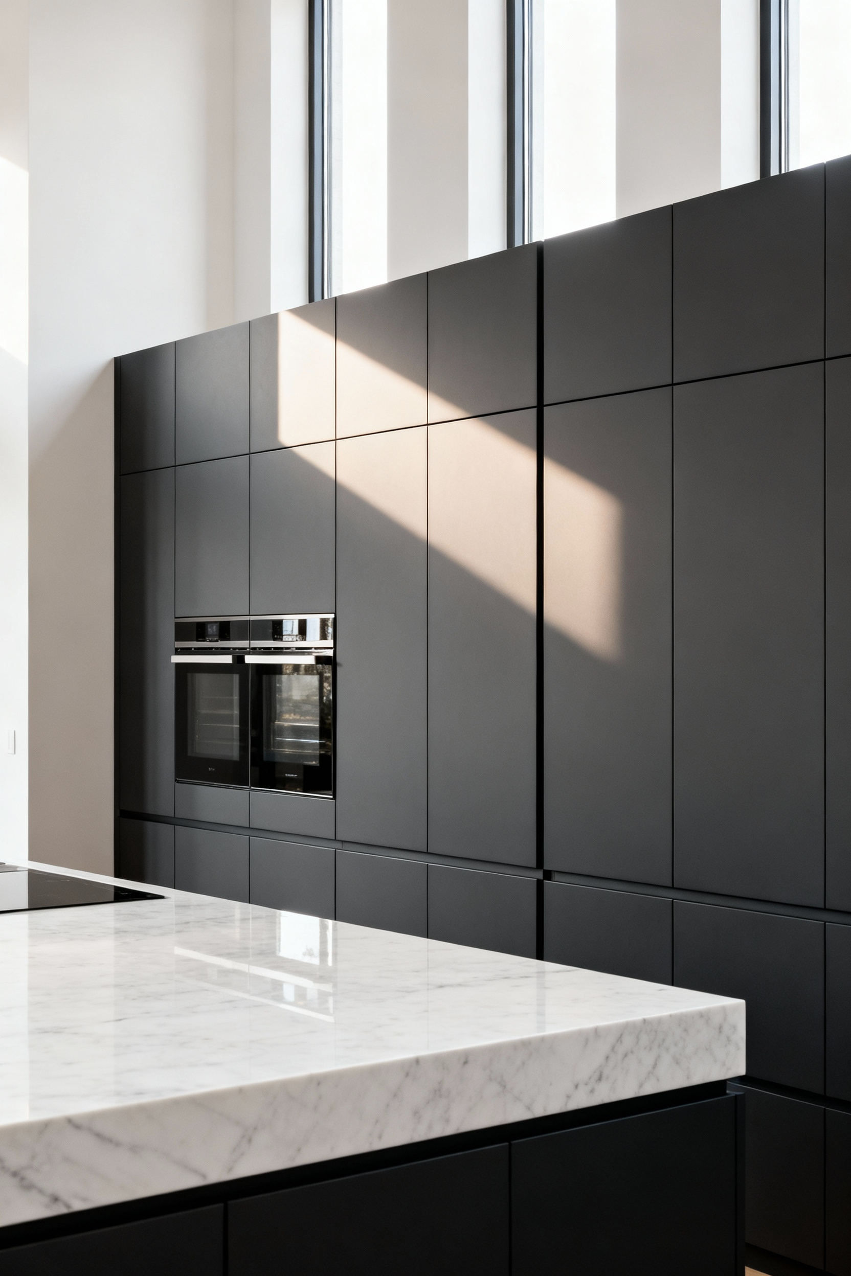Minimalist modern kitchen featuring handleless slate gray matte cabinetry and honed white countertops, illustrating the tranquil light-absorbing qualities of diffuse reflection.