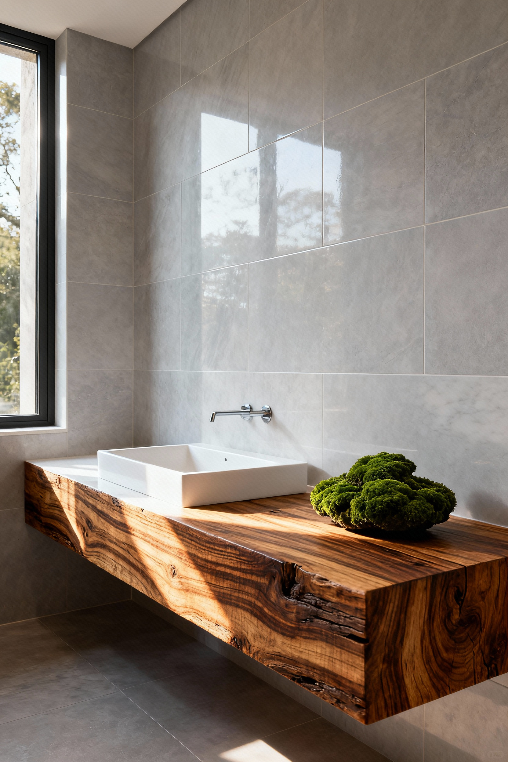 Reclaimed teak floating bathroom vanity paired with a minimalist white integrated sink installed against a cool gray polished tile wall, illustrating biophilic warmth in modern design.
