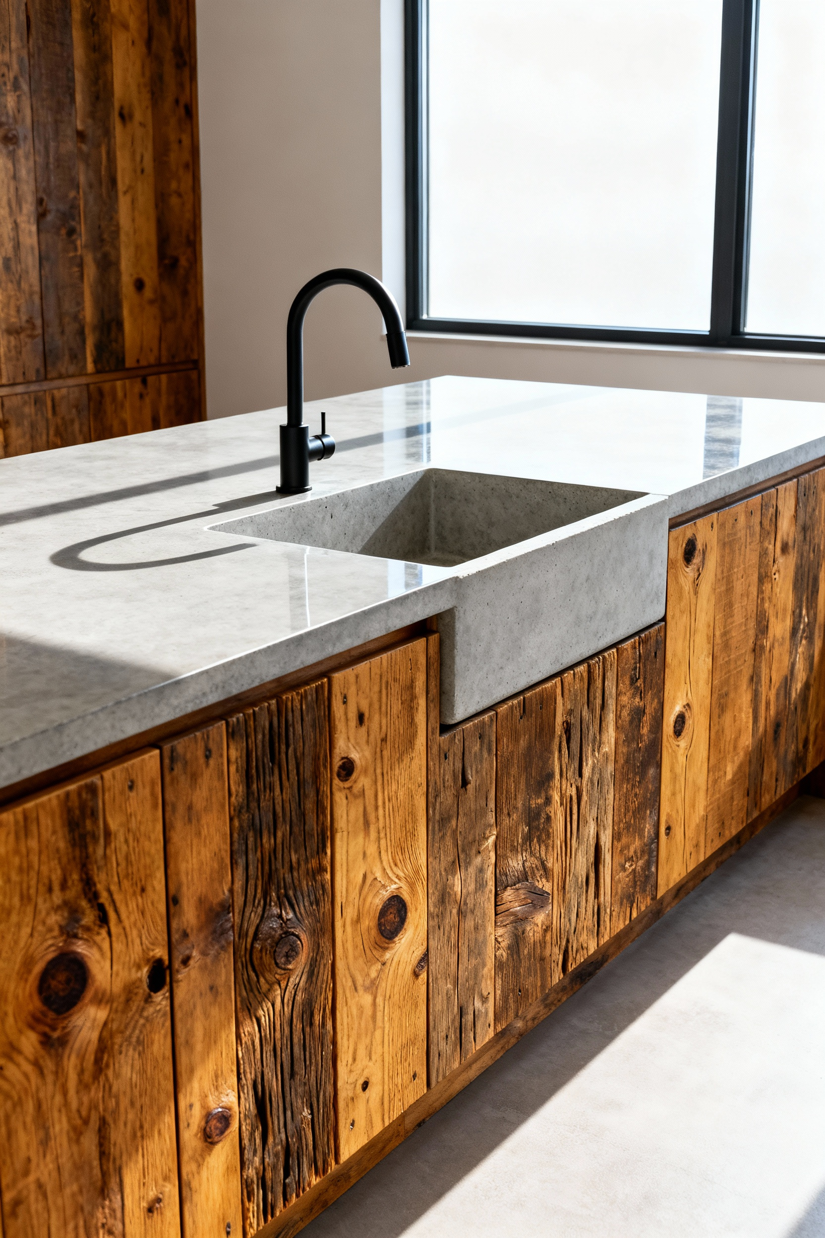 Full kitchen scene showing the contrast between textured rustic oak wood cabinets and smooth light gray polished concrete countertops, illuminated by bright natural light.