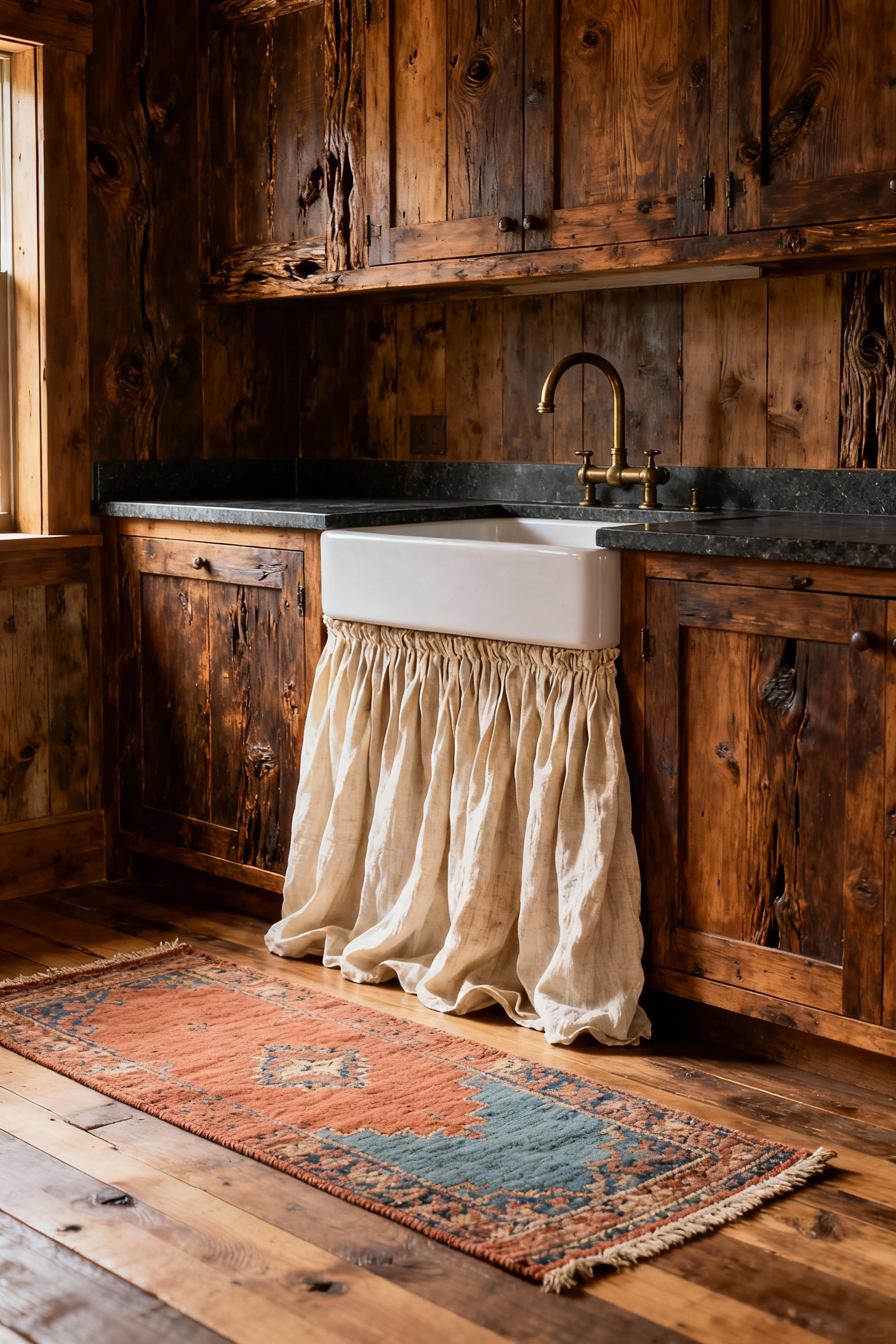 Rustic farmhouse kitchen featuring heavy, dark wood cabinets beautifully contrasted by a generously pleated cream linen sink skirt and a faded antique Persian runner rug on the distressed wooden floor.