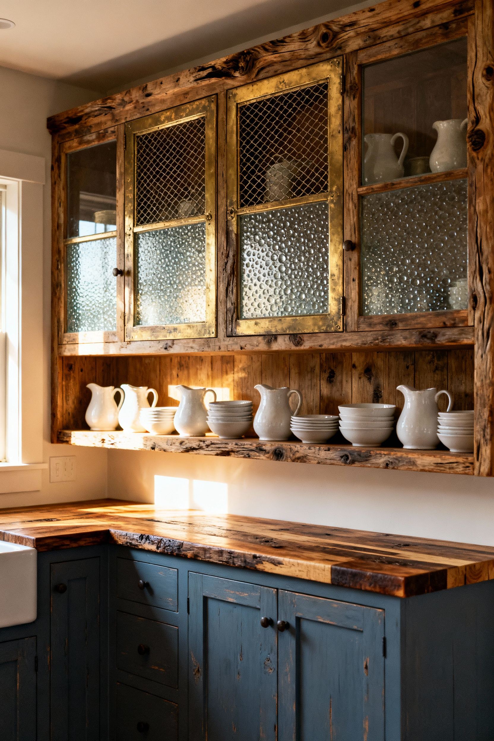 Rustic kitchen cabinets featuring mixed media door inserts, specifically distressed oak frames with textured seeded glass and aged chicken wire panels, emphasizing vintage visual depth.