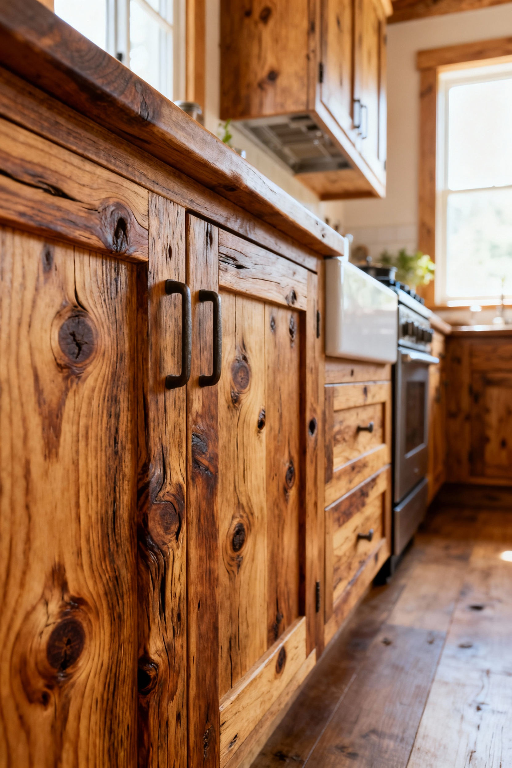 Rustic kitchen cabinets treated with a natural penetrating oil finish, showcasing a deep matte sheen and highly visible wood grain and knots.