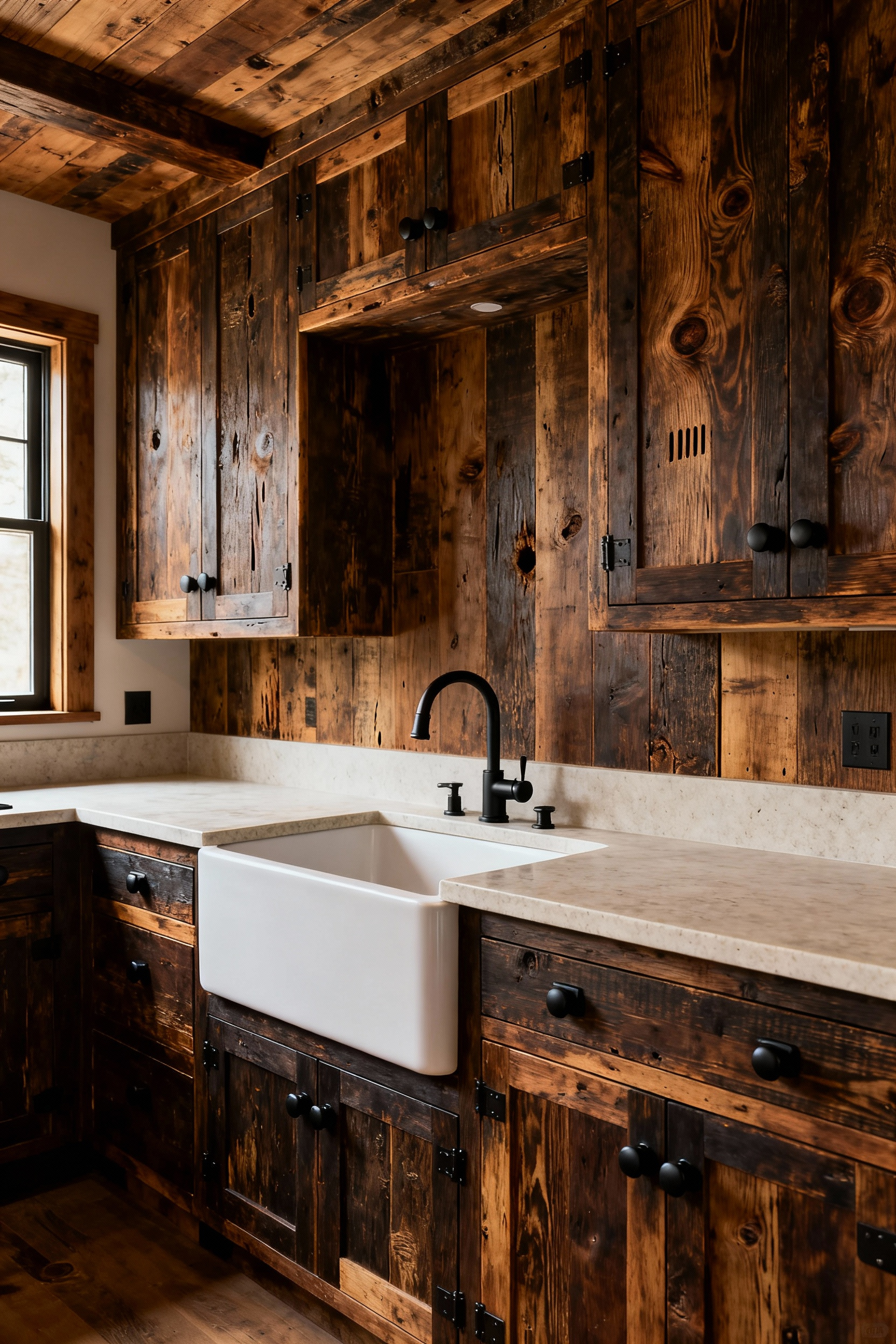 Rustic kitchen featuring custom cabinets made from dark, reclaimed old-growth timber, highlighting the dense grain and dimensional stability of the wood.