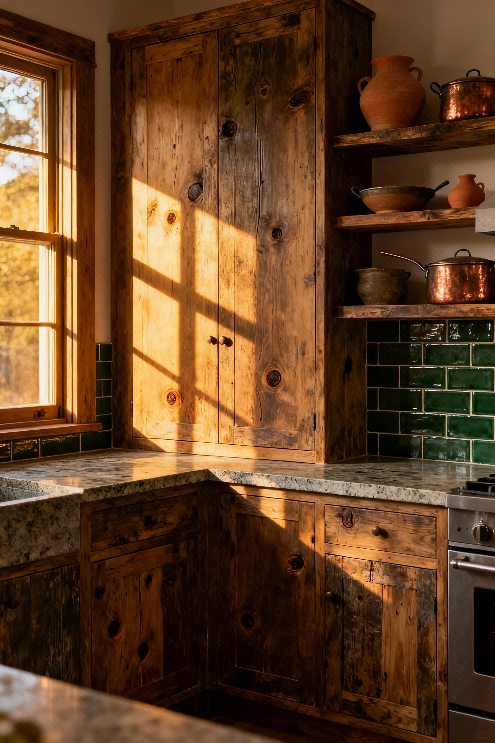 Full view of a rustic kitchen featuring deeply textured reclaimed wood cabinets, soapstone counters, and open shelving displaying handmade pottery, illuminated by warm golden hour sunlight emphasizing the tactile, imperfect nature of the wood grain.