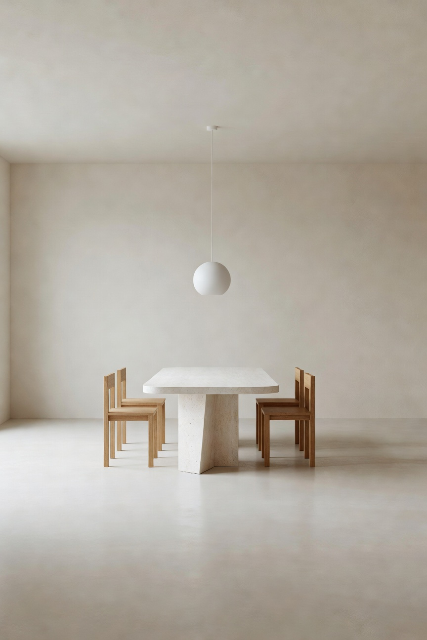 A serene, ultra-minimalist dining room showcasing a sculptural travertine table centered in a vast expanse of negative space, demonstrating the intentional use of emptiness as a design element.
