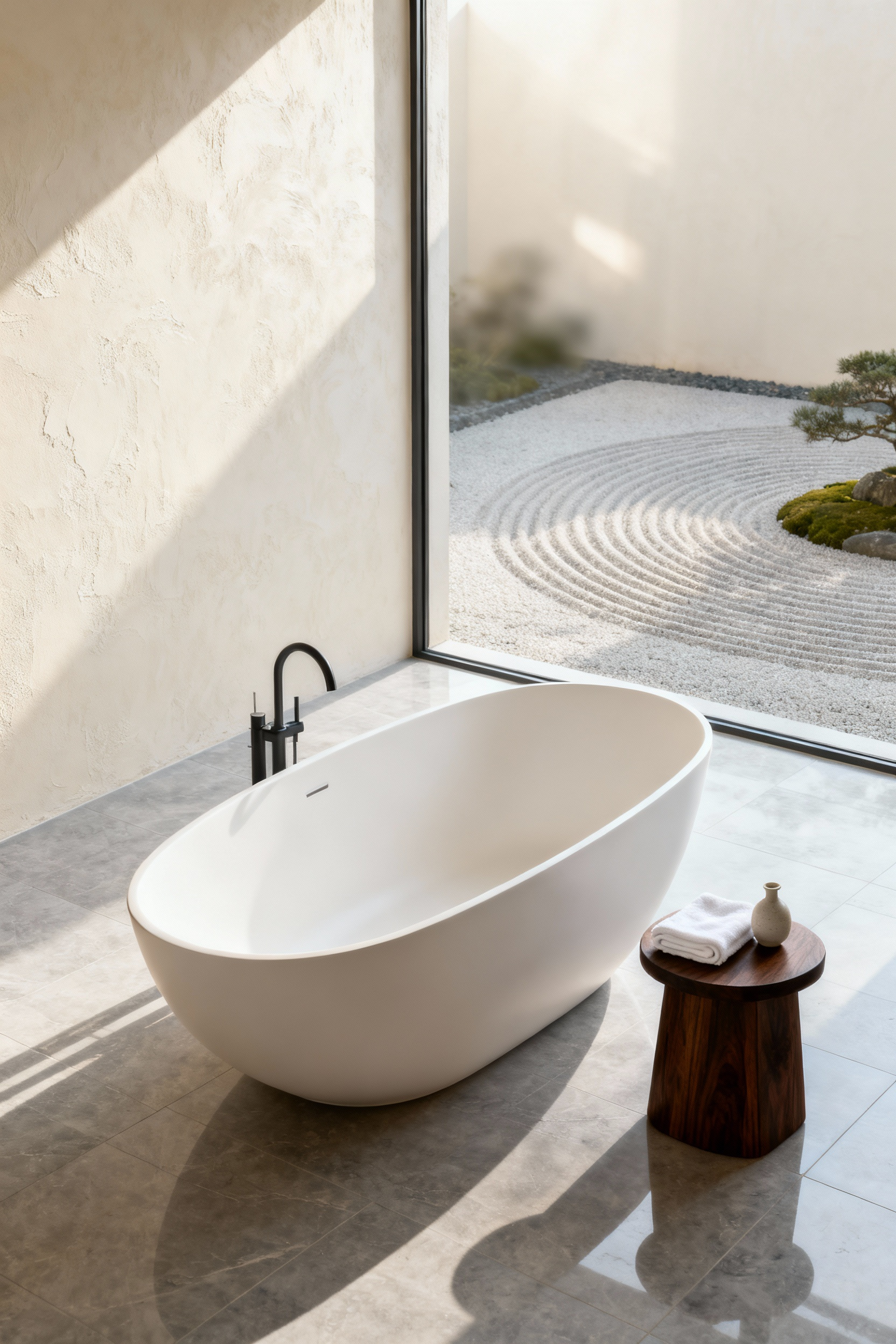 A sculptural matte white freestanding deep soaking tub centered in a spacious, minimalist modern bathroom with light stone tiles and a view of a zen garden, symbolizing self-care.