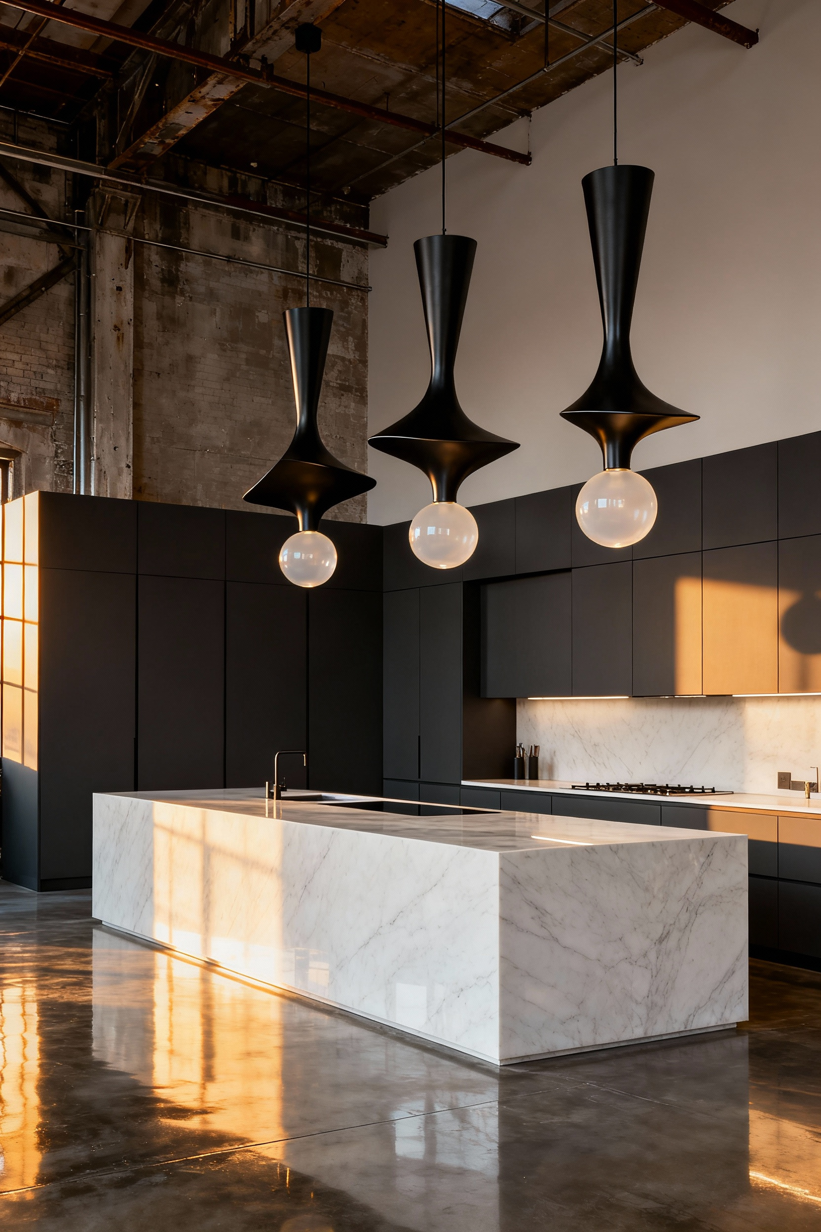 Three large sculptural pendant lights hanging over a white marble island in a minimalist modern kitchen with dark gray handleless cabinetry and polished concrete floors.