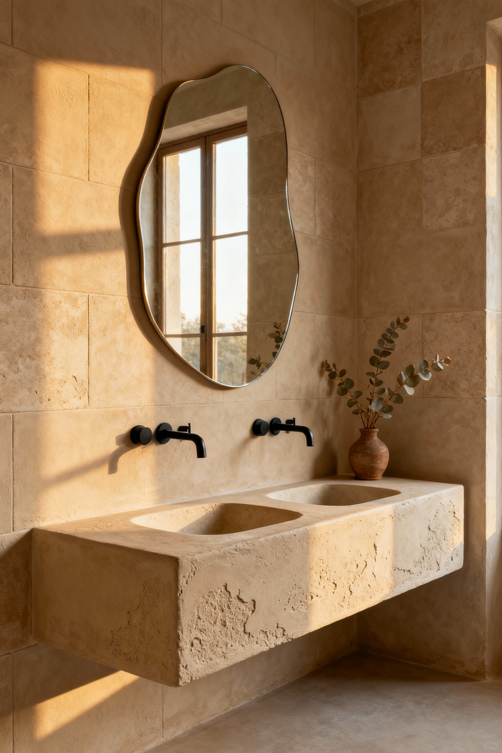 Architectural photograph of a modern, floating double bathroom vanity finished completely in seamless, warm sandy beige microcement with a satin finish, showcasing the Tadelakt-inspired texture and soft lighting.