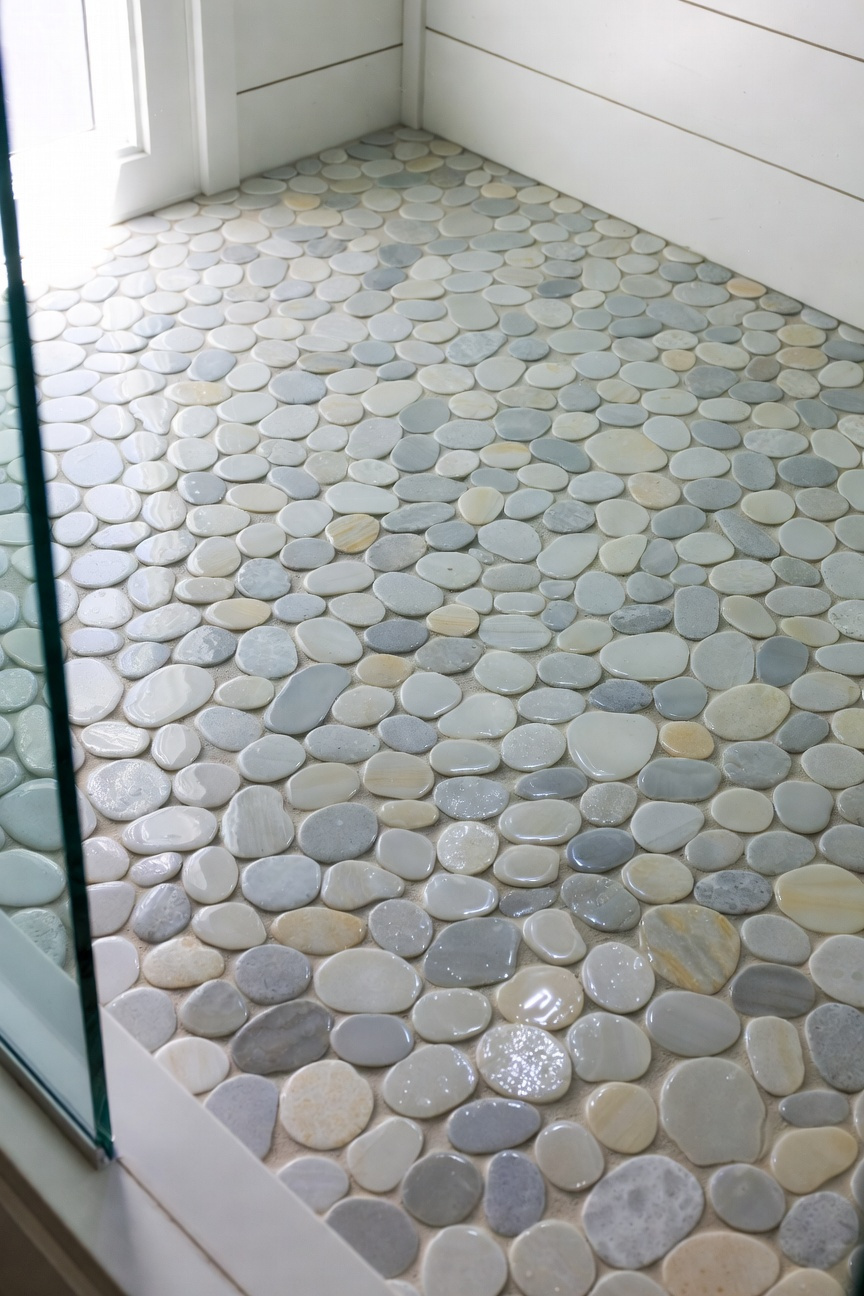Luxurious walk-in shower floor tiled entirely with smooth, flat sliced pebble mosaics in natural gray and cream tones, emphasizing the ergonomic comfort and refined coastal bathroom design.