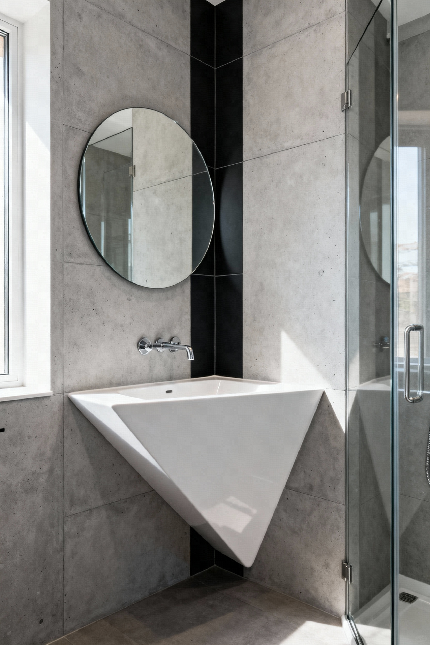 A modern small bathroom utilizing a space-saving layout with a wall-mounted corner sink placed diagonally to transform the 90-degree corner into usable vanity space.