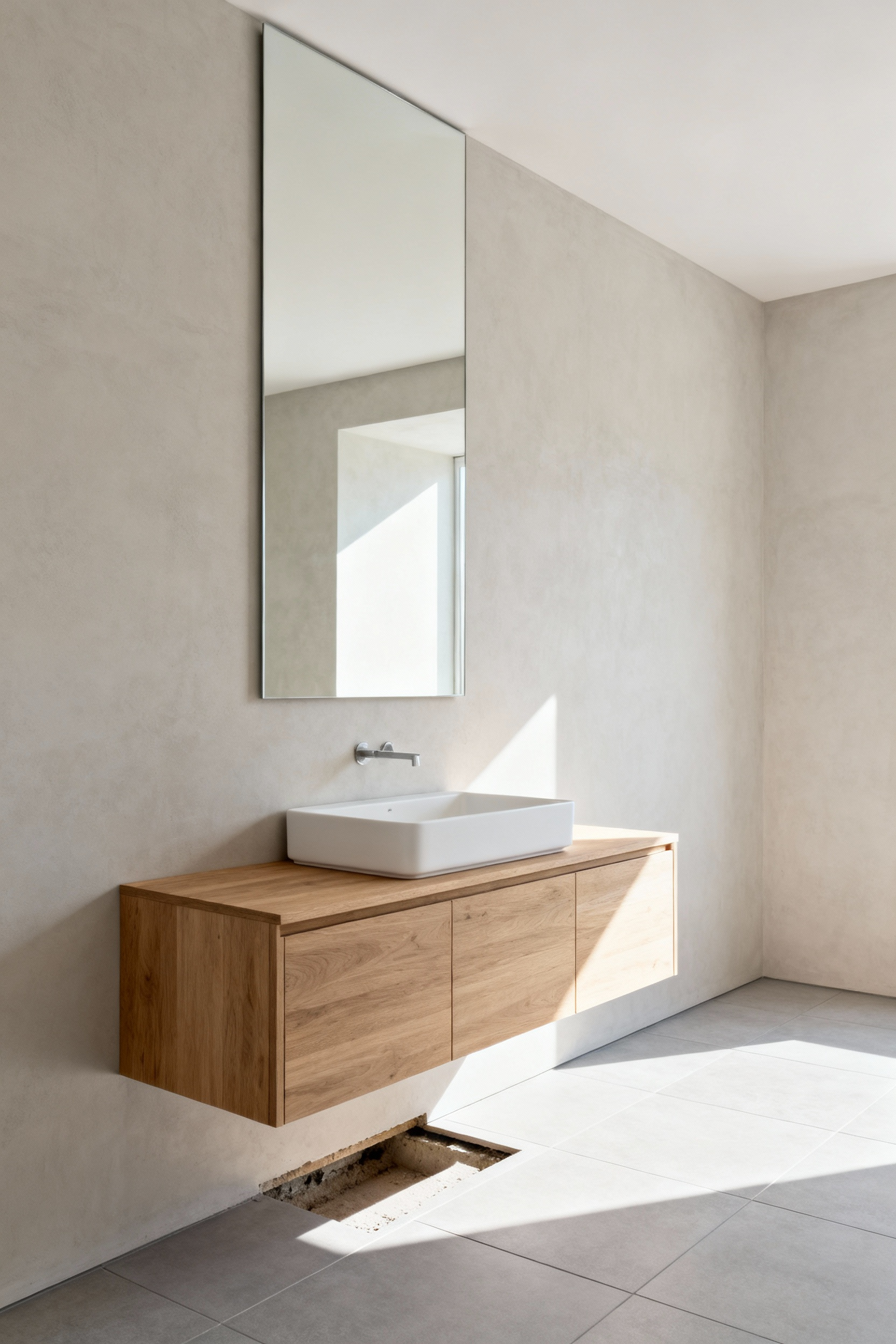 A wide-angle view of a modern, small bathroom featuring a light wood floating vanity and continuous light gray floor tile that runs uninterrupted underneath, visually expanding the room's perceived size.
