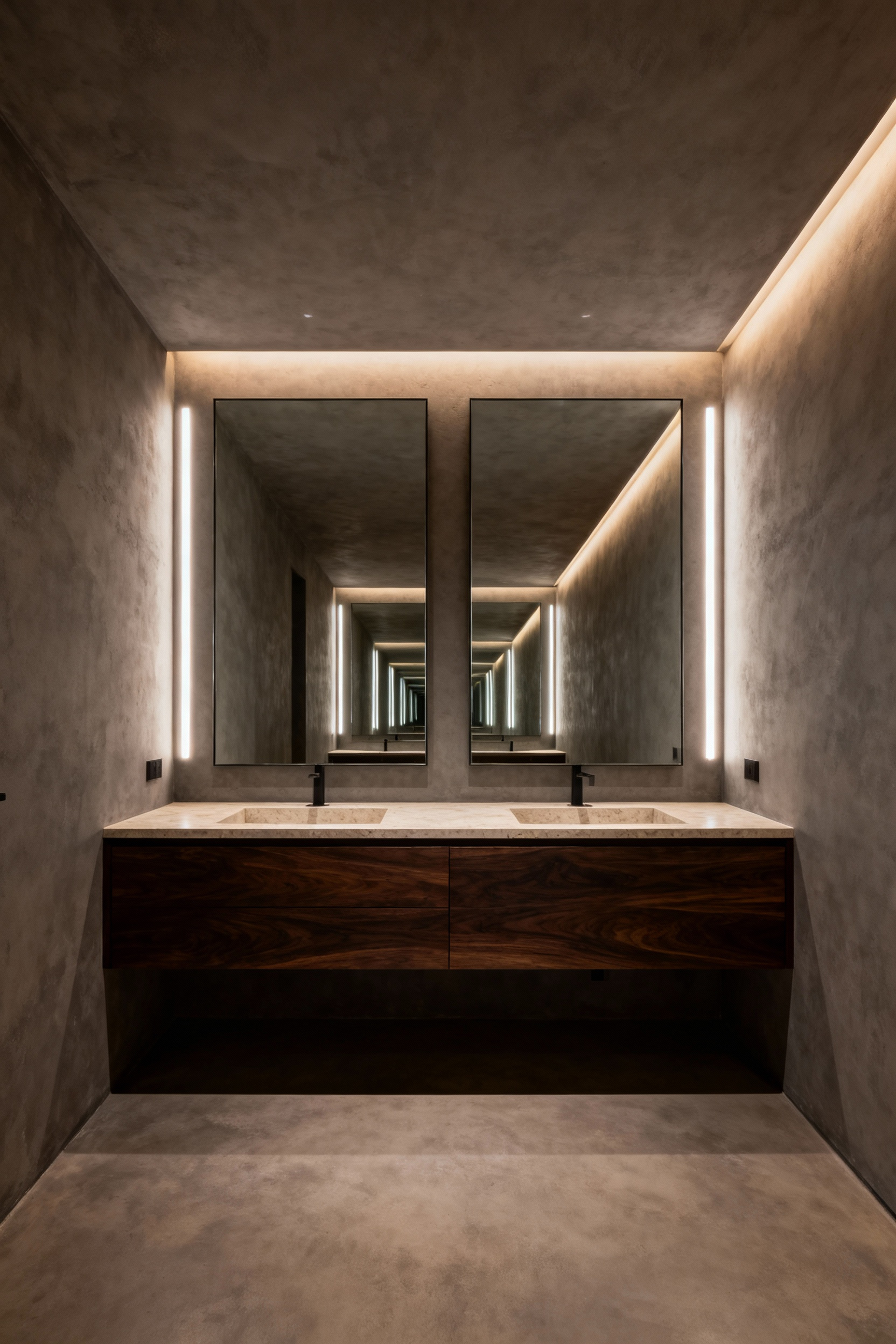 A professional photograph of a small bathroom layout demonstrating the dramatic "infinity game" effect created by placing two large, opposing frameless mirrors, which visually dissolve the walls and create an illusion of infinite depth.