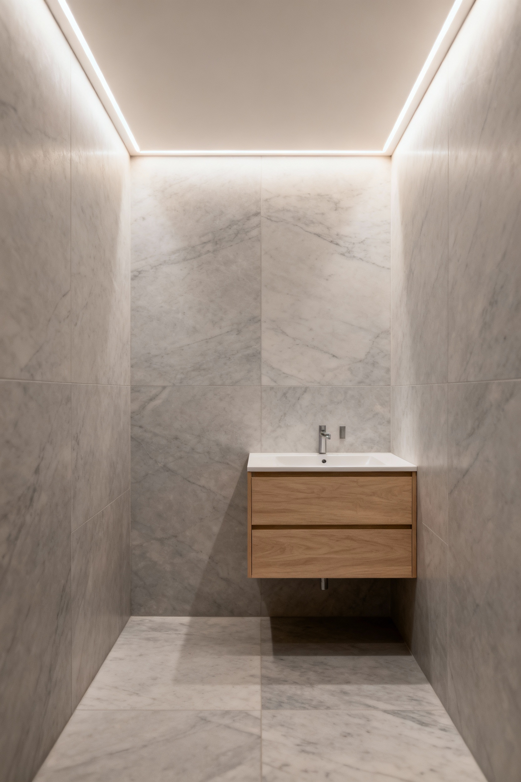 A small, minimalist bathroom design featuring seamless, hidden recessed LED cove lighting along the ceiling line, specifically installed to eliminate visual clutter and maximize the feeling of spaciousness and tranquility.