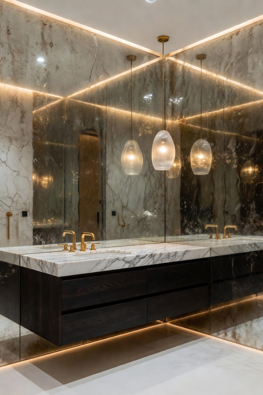 A high-end small bathroom featuring a full-wall antiqued mirror that reflects a marble vanity and gold fixtures to double the visual footprint.