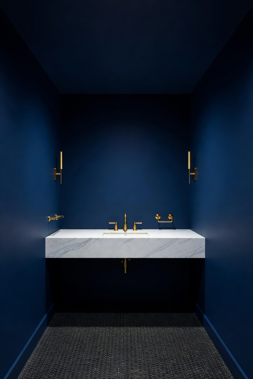 A small bathroom featuring deep navy blue walls and ceiling with a white marble vanity and gold fixtures to create a sophisticated jewel box effect.