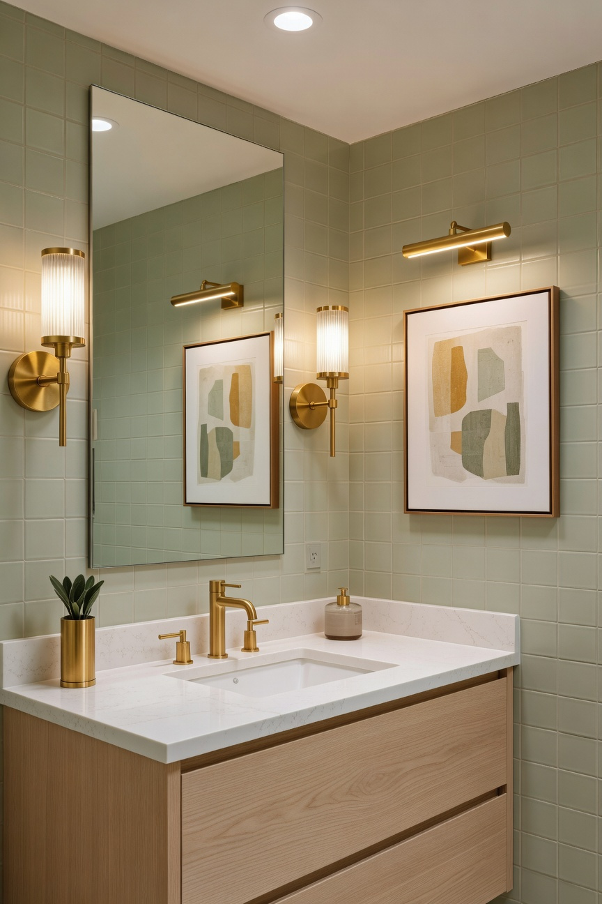 A beautifully remodeled small bathroom featuring golden brass wall sconces and a picture light that create a warm and inviting atmosphere.