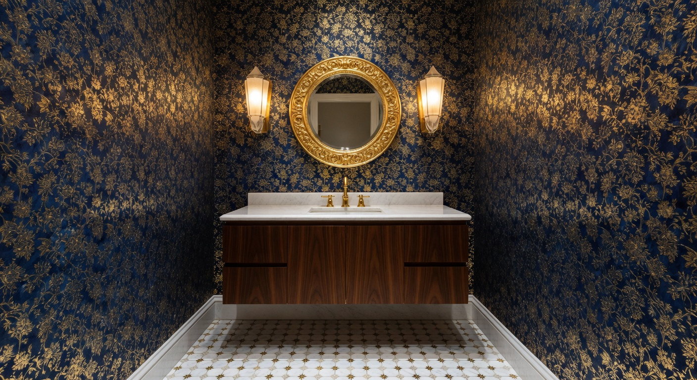 A luxury small bathroom remodel featuring deep blue botanical wallpaper, a marble vanity, and gold accents to create a jewel box effect.