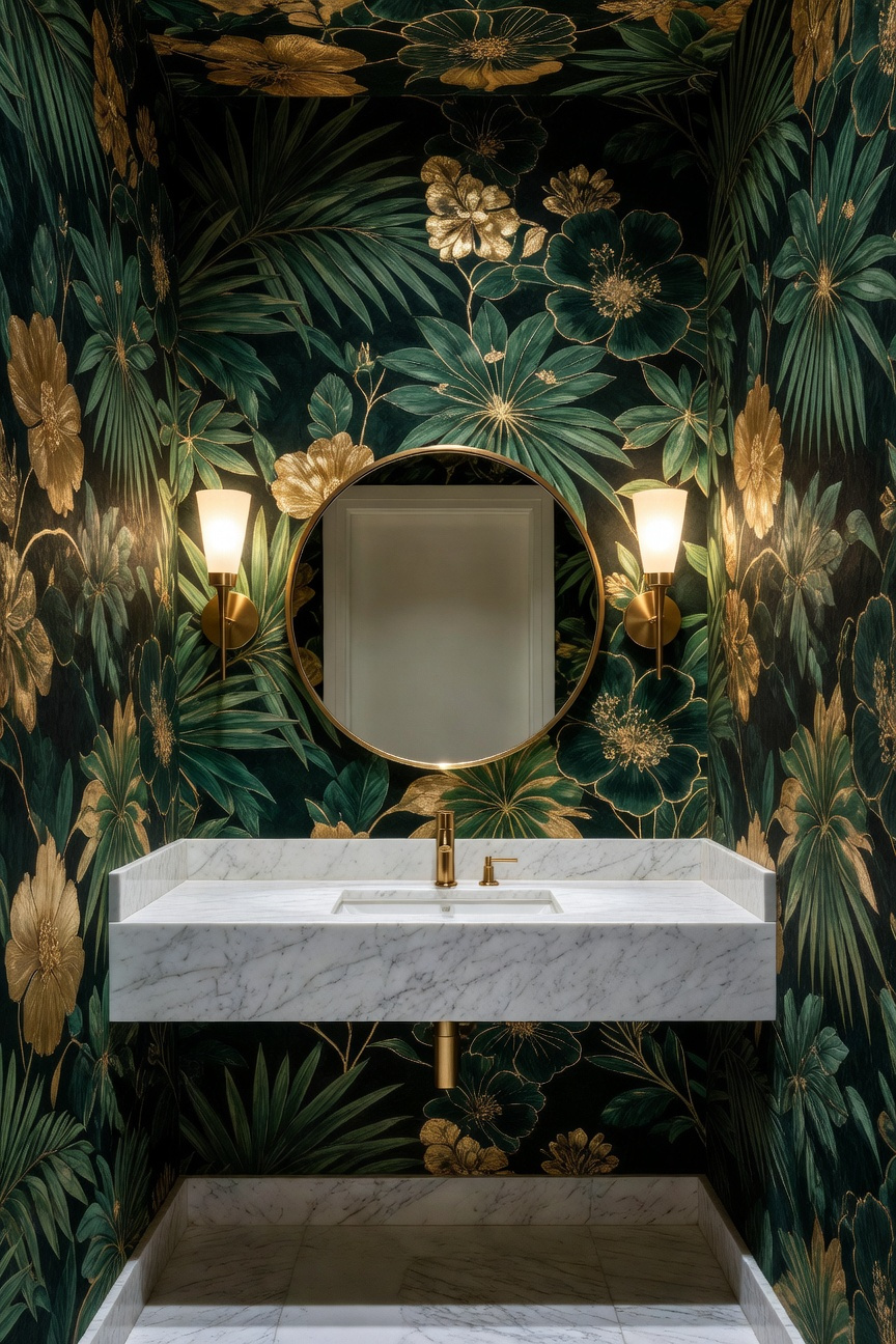 A small bathroom remodel showcasing a powder room with large-scale green botanical wallpaper, a marble vanity, and gold accents to illustrate how oversized prints expand a room.