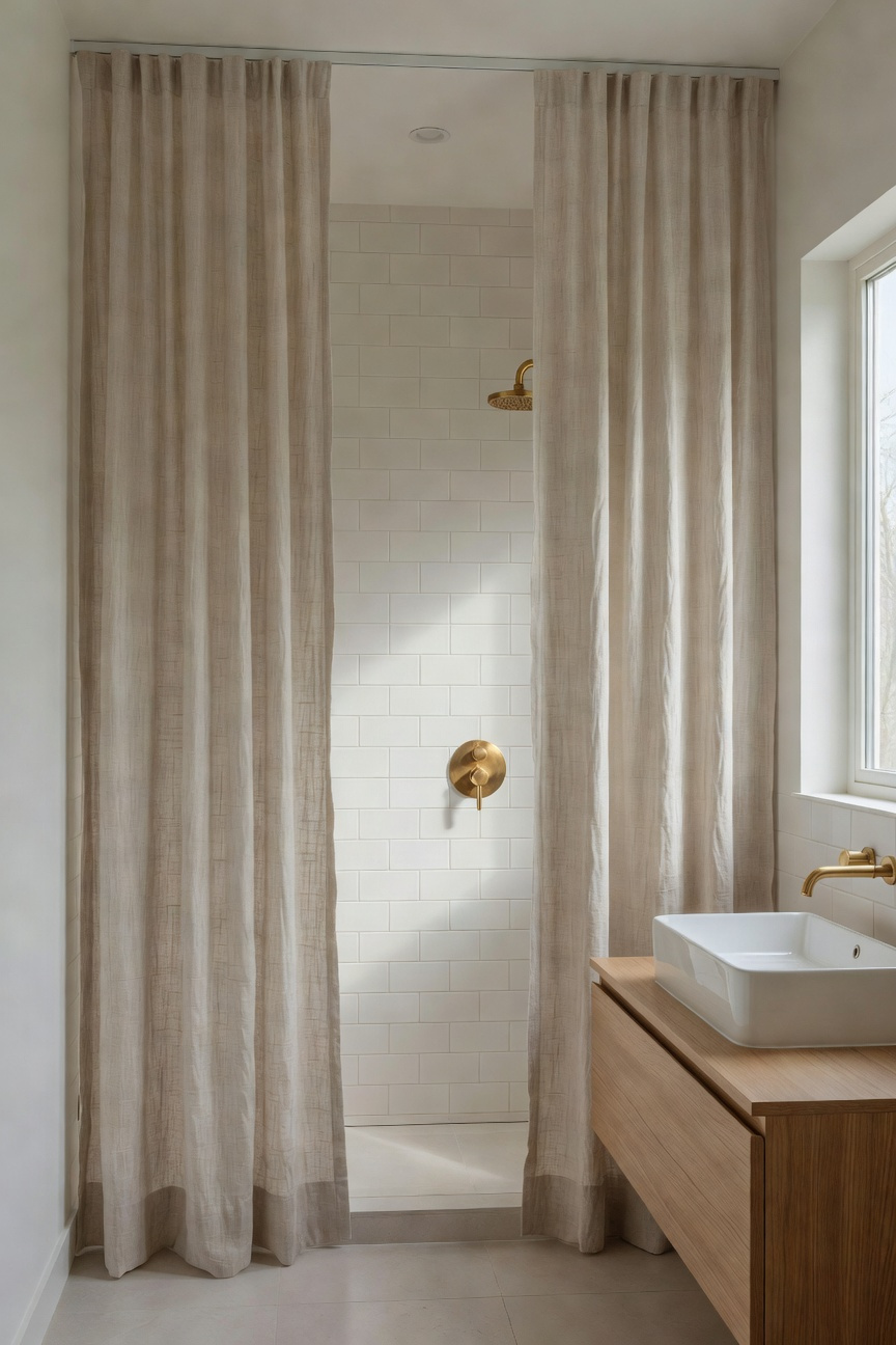 Small bathroom remodel featuring floor-to-ceiling linen curtains on a ceiling track to increase visual height.