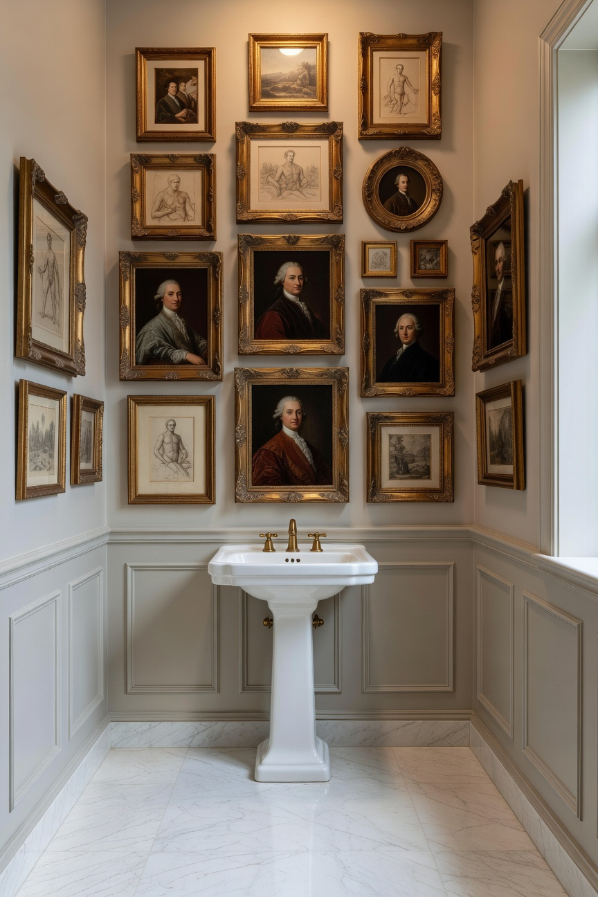 A small bathroom remodel featuring a vertical gallery wall of ornate frames stacked toward the ceiling to increase perceived room height.
