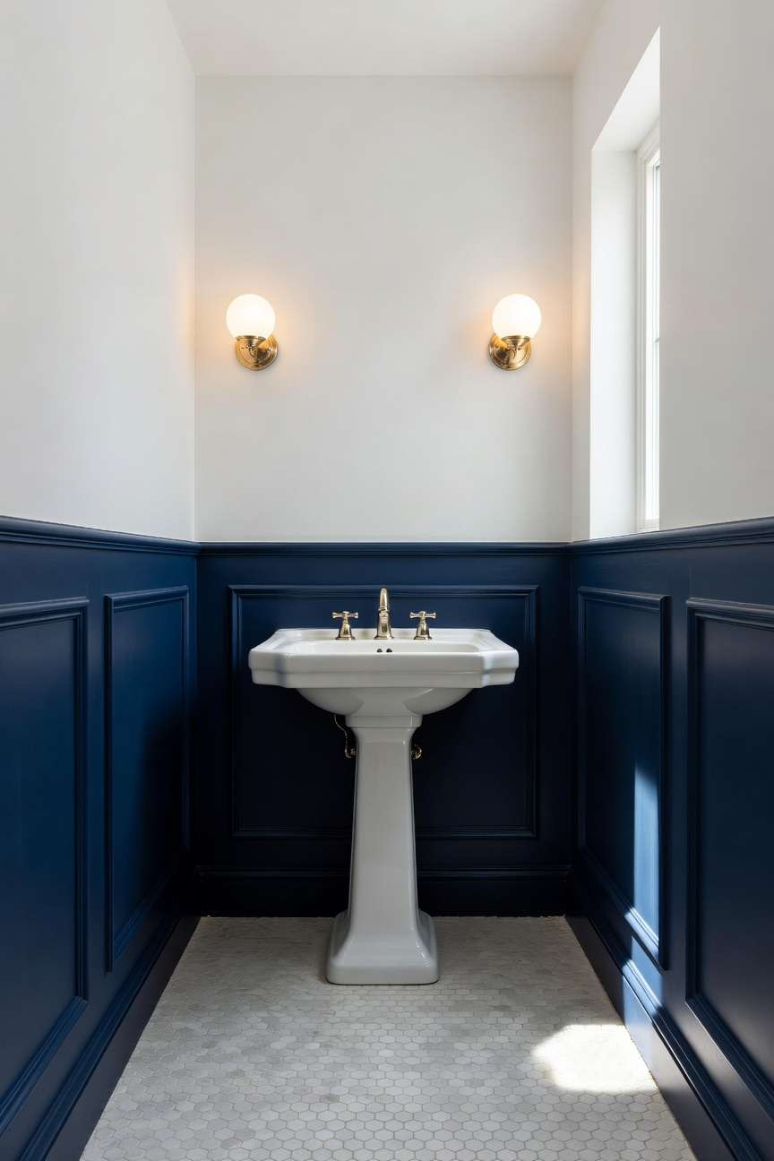 A small renovated bathroom with navy blue picture frame wainscoting and a classic pedestal sink.