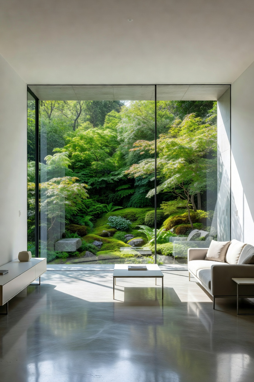 A modern small living room with large glass windows showcasing a lush garden view to create a sense of expanded space.