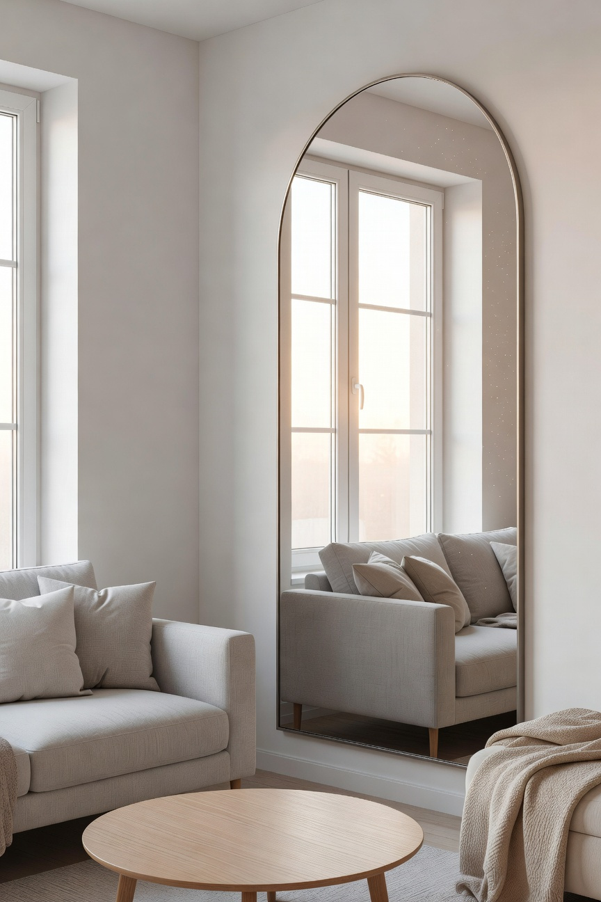 A bright small living room with a large mirror positioned perpendicular to a window to reflect light and expand the room's visual boundaries.