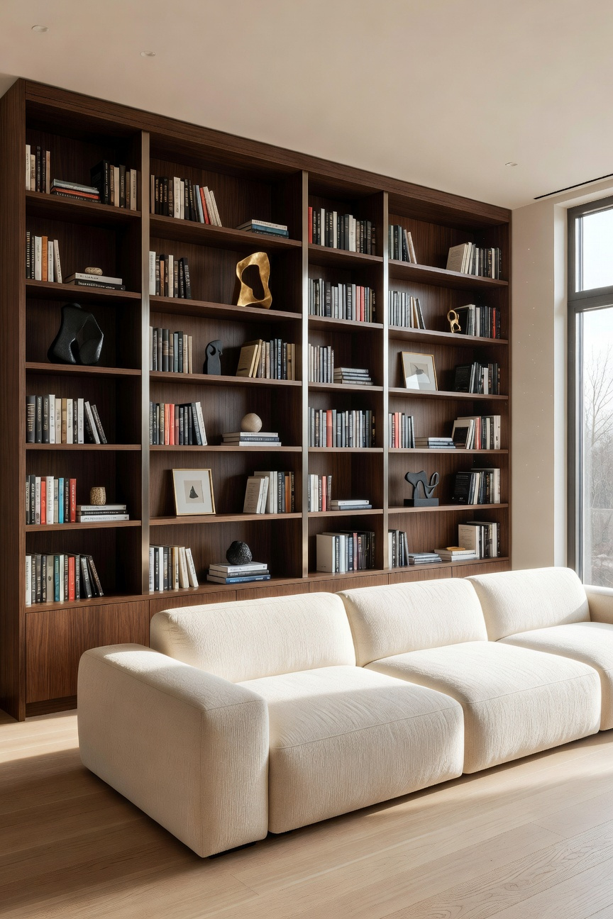 A modern small living room featuring a massive floor-to-ceiling bookshelf as a focal point to create architectural scale and visual continuity.