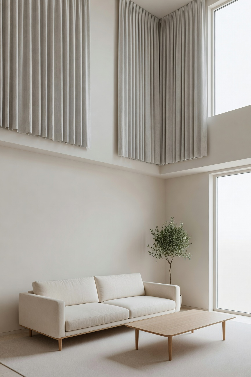 A small modern living room with floor-to-ceiling curtains mounted on the ceiling to create the illusion of height and vertical space.
