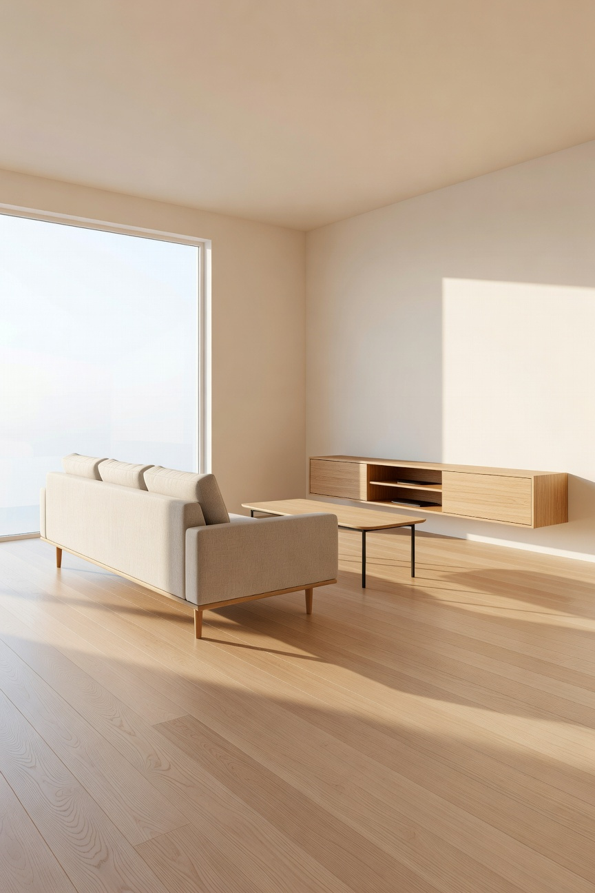 A bright small living room with floating furniture and tapered legs to reveal the floor space and create a larger appearance.