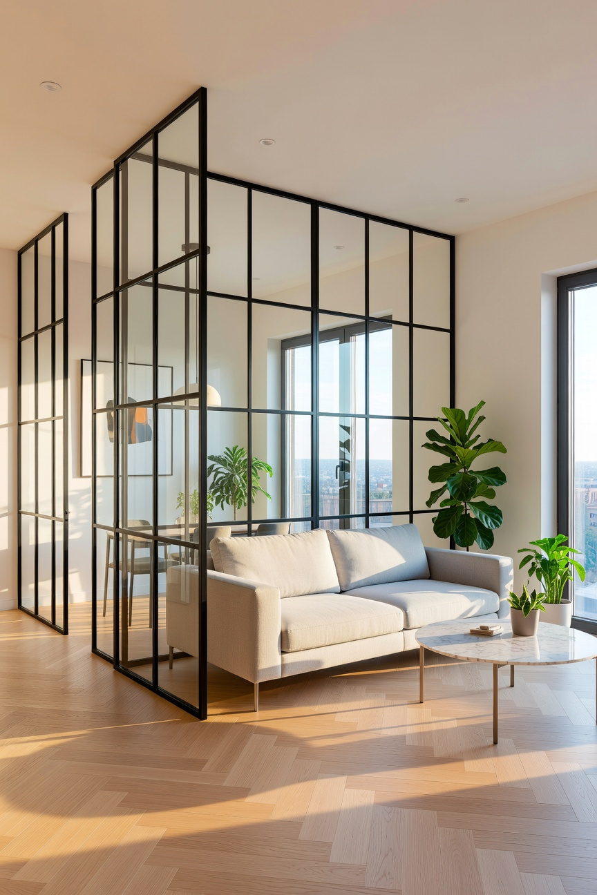 A small contemporary living room featuring a black steel-framed Crittall glass partition to create a separate zone without losing light.