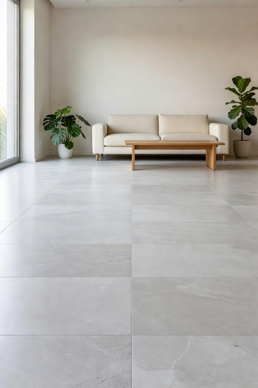 A modern small living room featuring large-format light grey floor tiles that create a continuous plane to make the space feel larger and less cluttered.