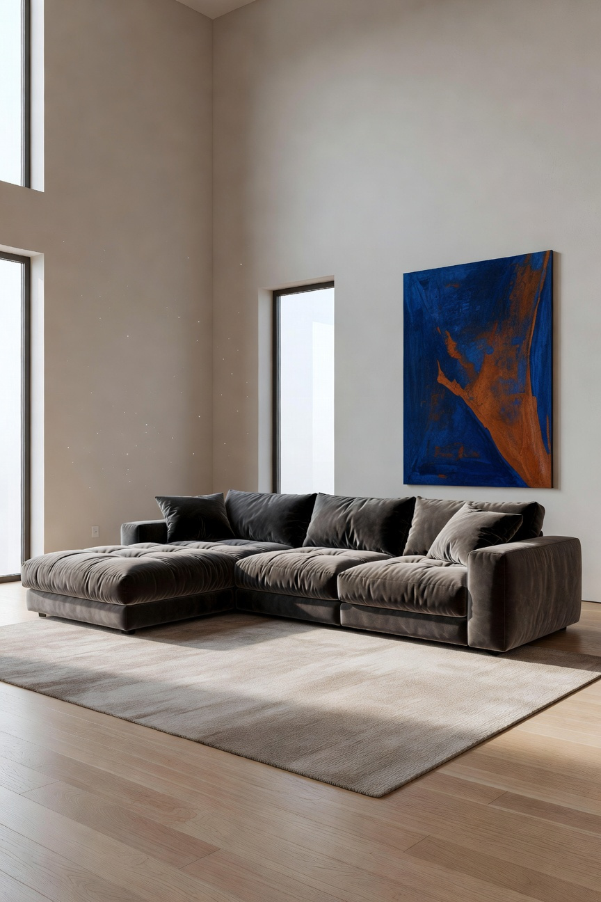 A small modern living room featuring a large, comfortable gray sectional sofa that serves as a single focal point to make the space feel larger.