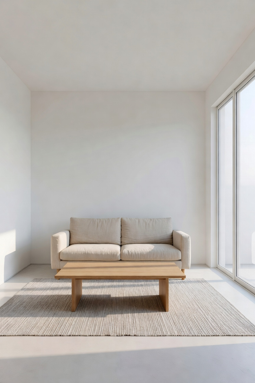 A small minimalist living room featuring a linen sofa and oak coffee table with intentionally bare white walls to demonstrate negative space management.
