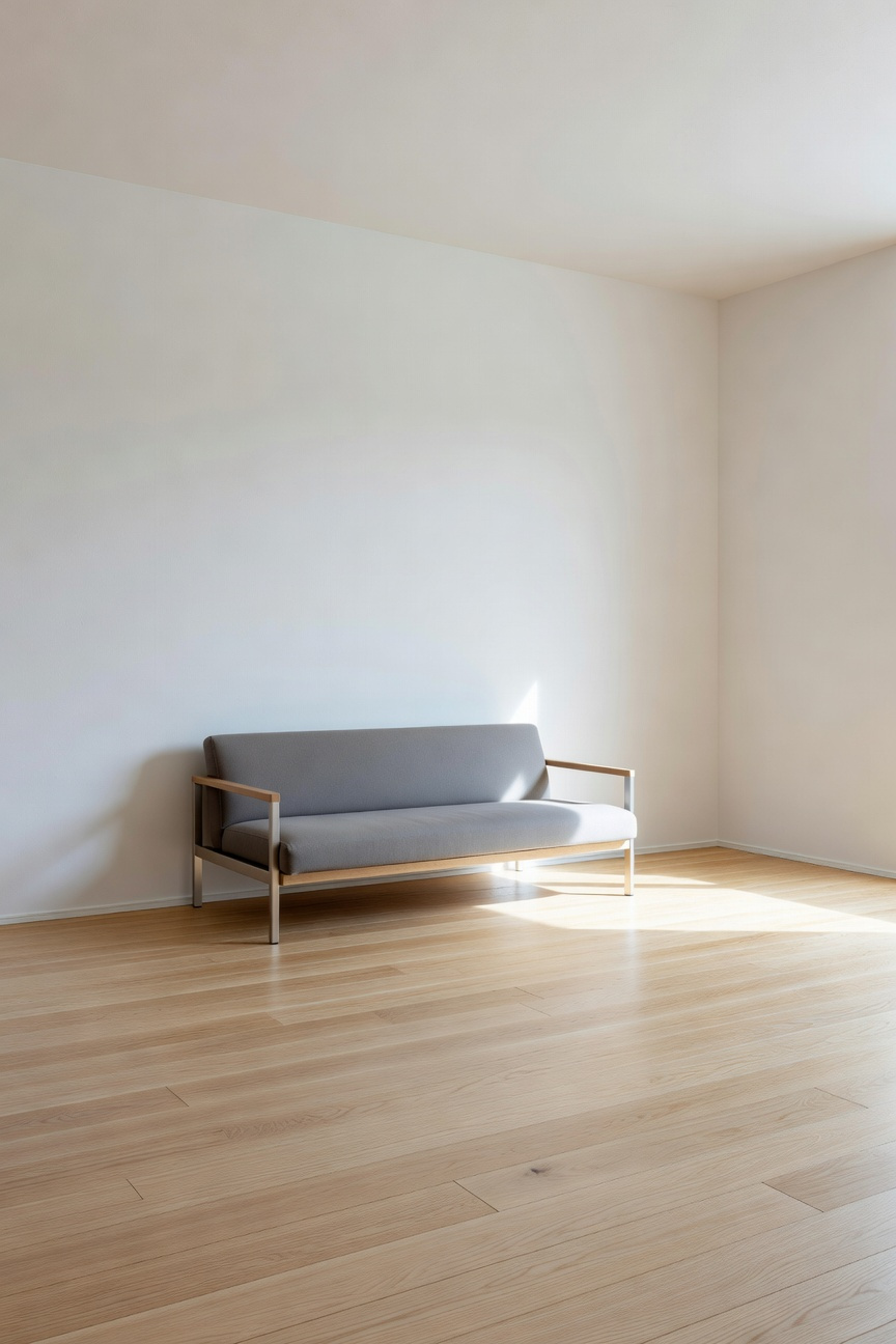 A bright, modern small living room featuring a floating sofa positioned away from a wall to allow sunlight to circulate and create a sense of depth.
