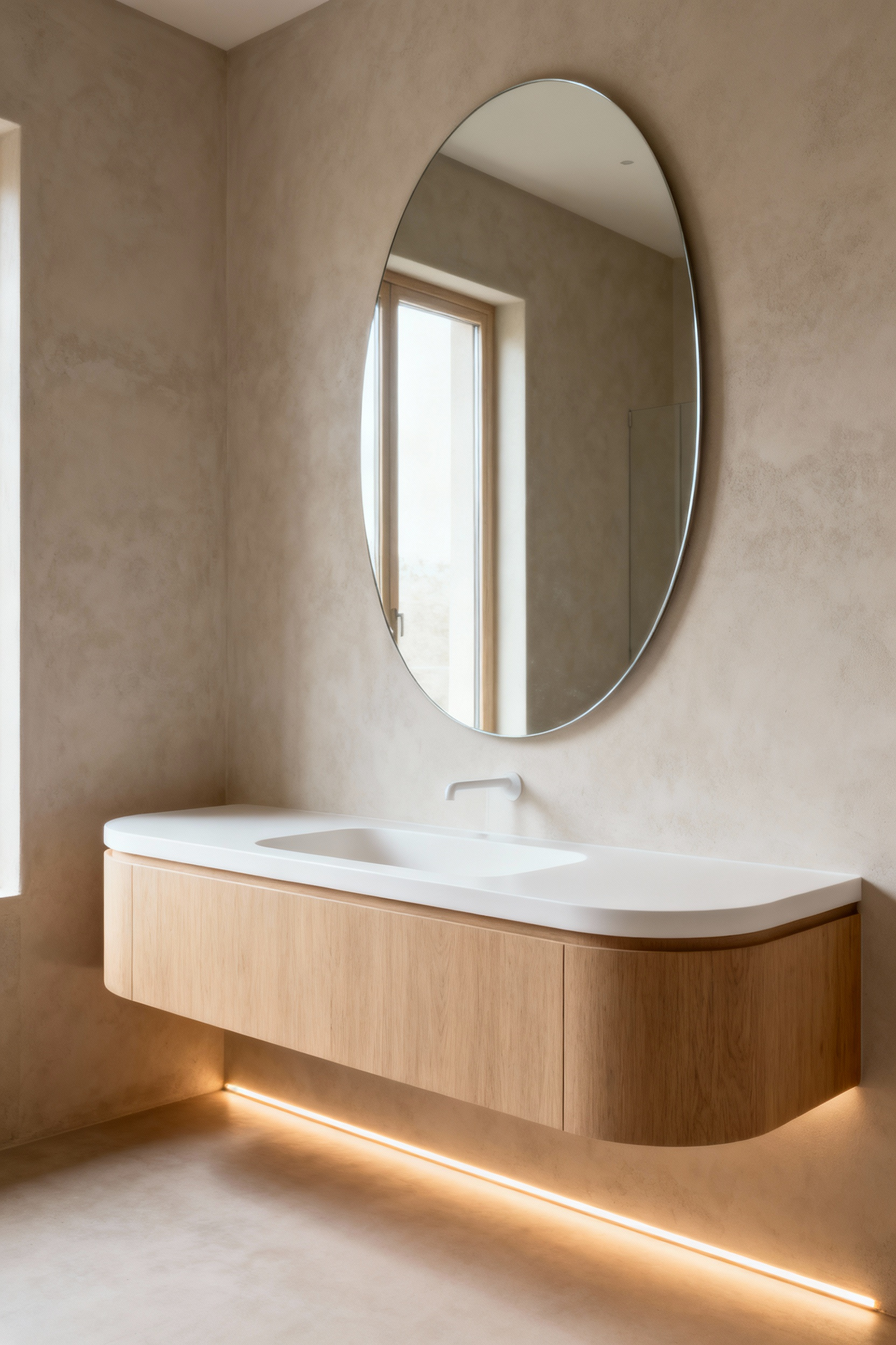 A luxurious, contemporary bathroom featuring a soft-edge, floating curvilinear pale oak vanity, designed to promote tranquility and reduce stress responses.