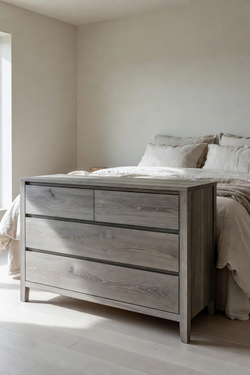 A sophisticated coastal bedroom interior showcasing a driftwood-tone white oak dresser with a refined gray patina and minimalist styling.
