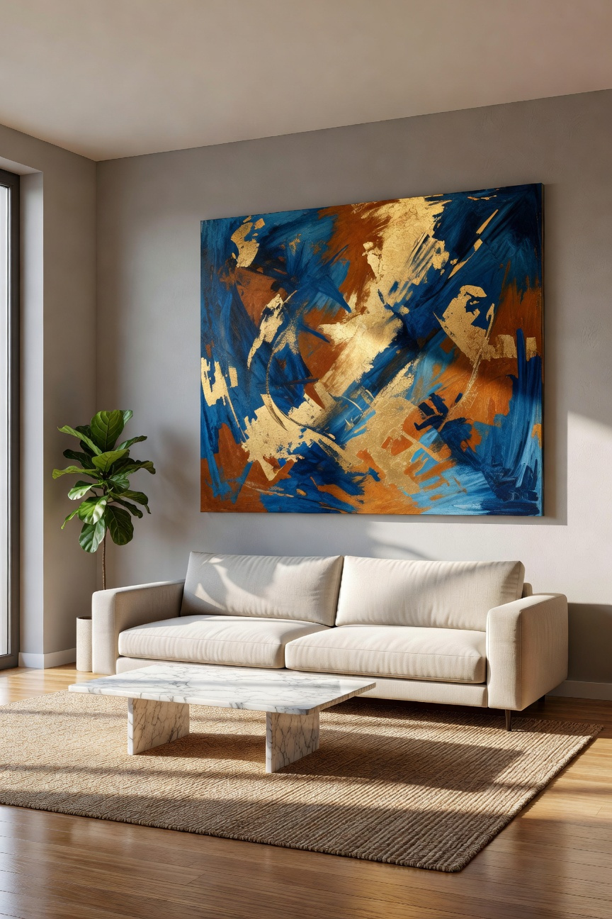 A small modern living room featuring a single large abstract canvas painting above a neutral sofa to create a sense of space and reduce visual noise.