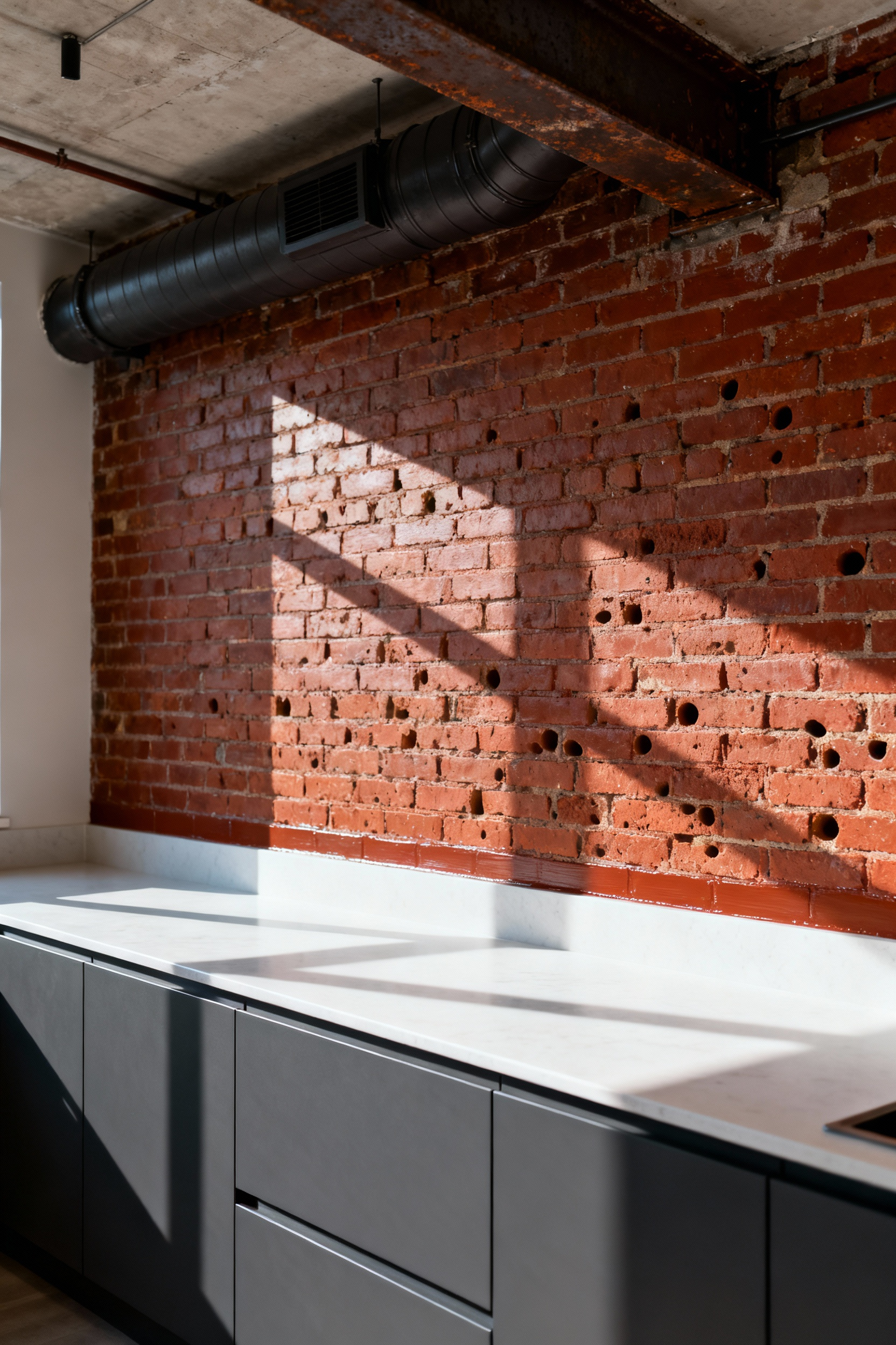A full-scene image of a modern kitchen showing a textured exposed red brick feature wall treated with a clear matte sealant, contrasting sharply with sleek matte dark gray cabinetry and stainless steel appliances, illustrating structural honesty design principles.