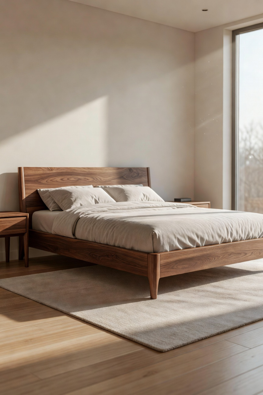 A luxurious modern bedroom featuring high-quality solid walnut furniture including a bed frame and nightstands in a sunlit room.