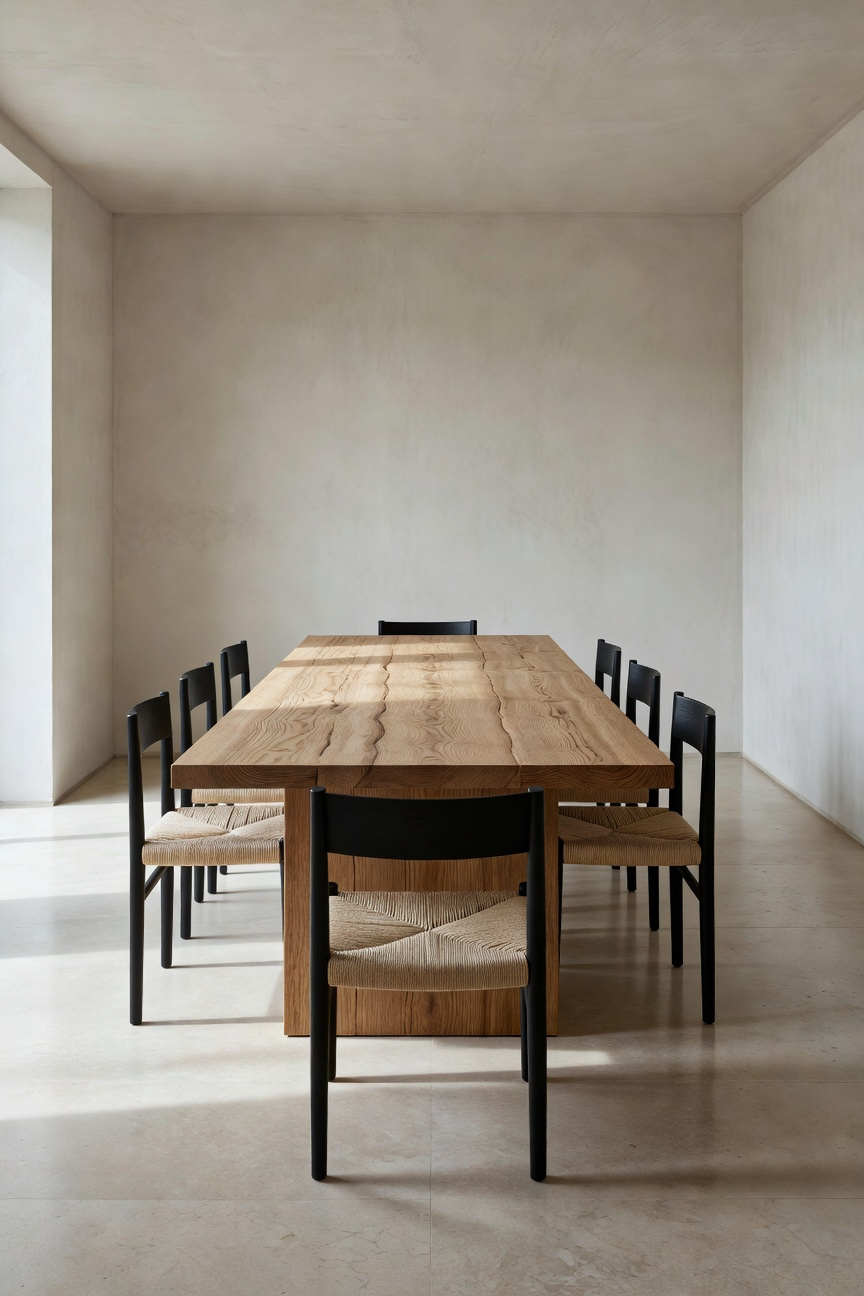 A minimalistic dining room showcasing a raw wood dining table with deeply visible grain texture, linen textiles, and natural stone flooring, emphasizing the integrity of honest materials.