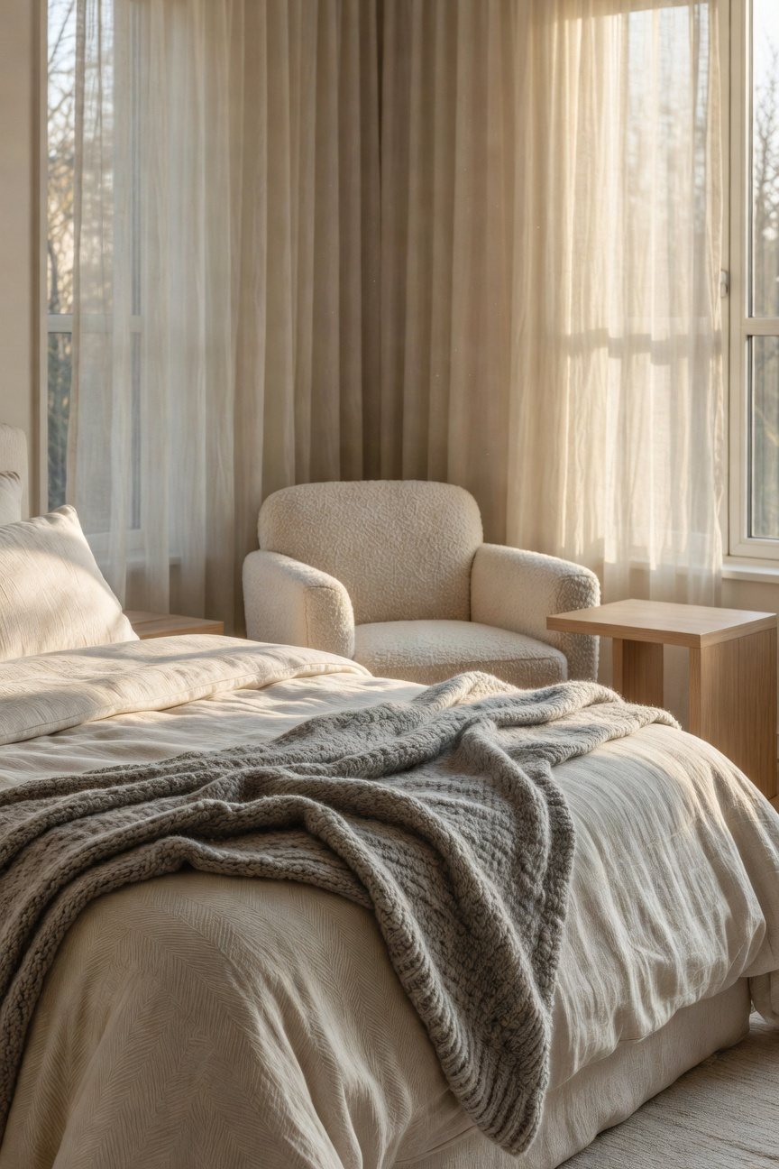 A peaceful bedroom scene showing furniture decor layered with bouclé, linen, and wool fabrics to create a sensory safety net.