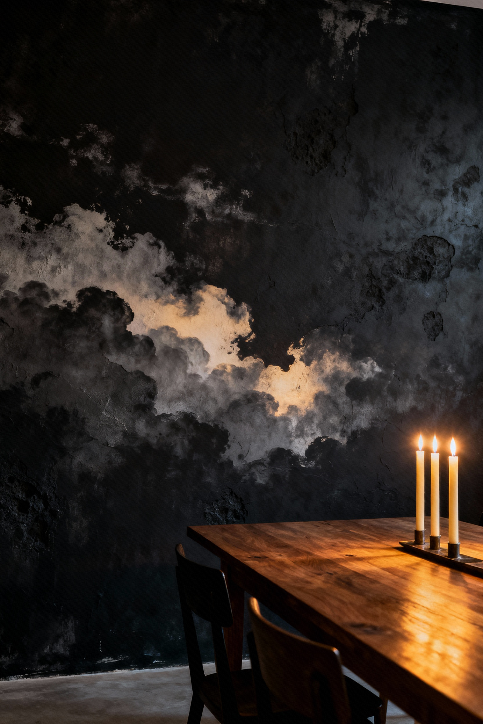 A sophisticated dining room featuring soft black limewash plaster walls with a cloud-like texture and tonal variation, illuminated by warm candlelight.