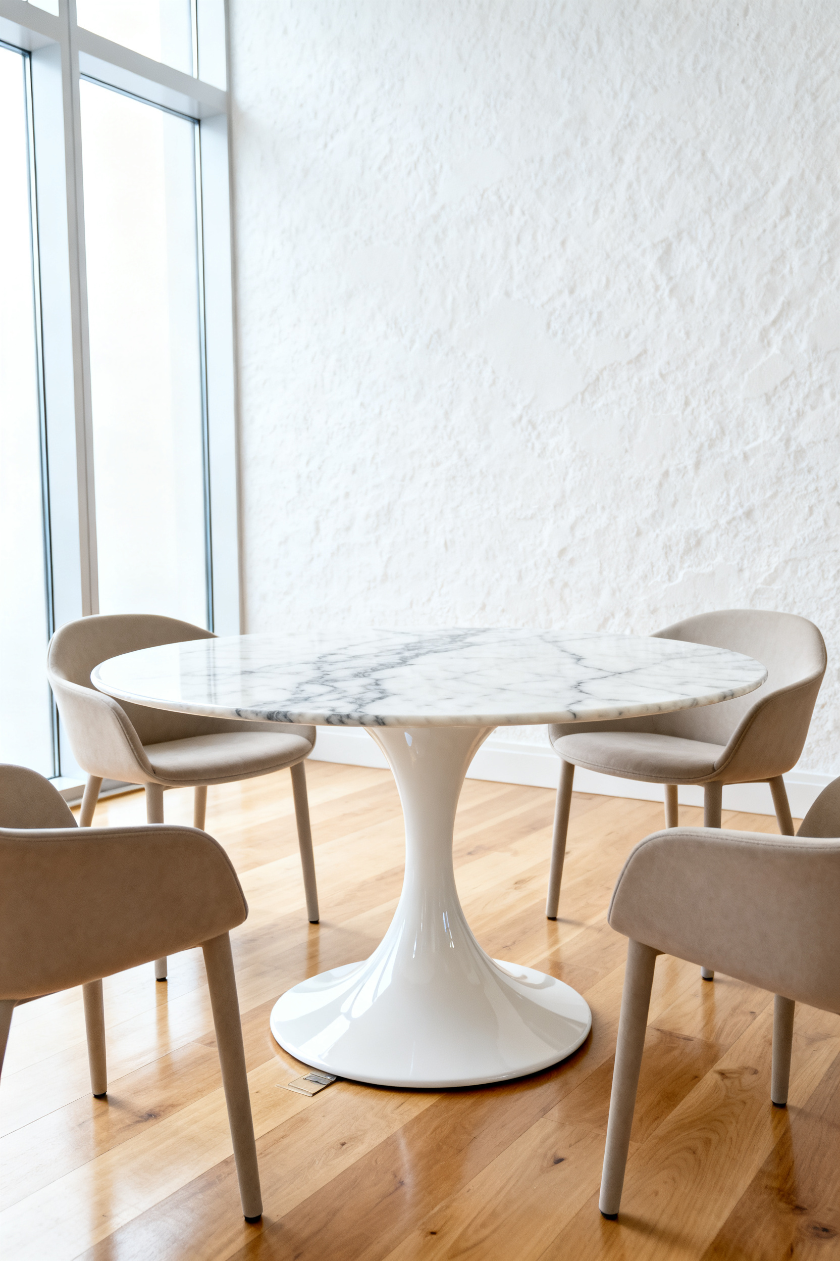 A bright, minimalist modern dining room featuring a white marble Tulip pedestal table set on a single sculptural base, surrounded by sleek modernist chairs.